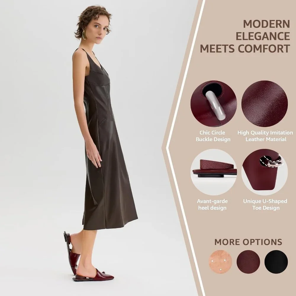 Beige Square Toe Mule Sandals Women Slip On Low Kitten Heels Faux Leather Heels - Picture 5 of 7